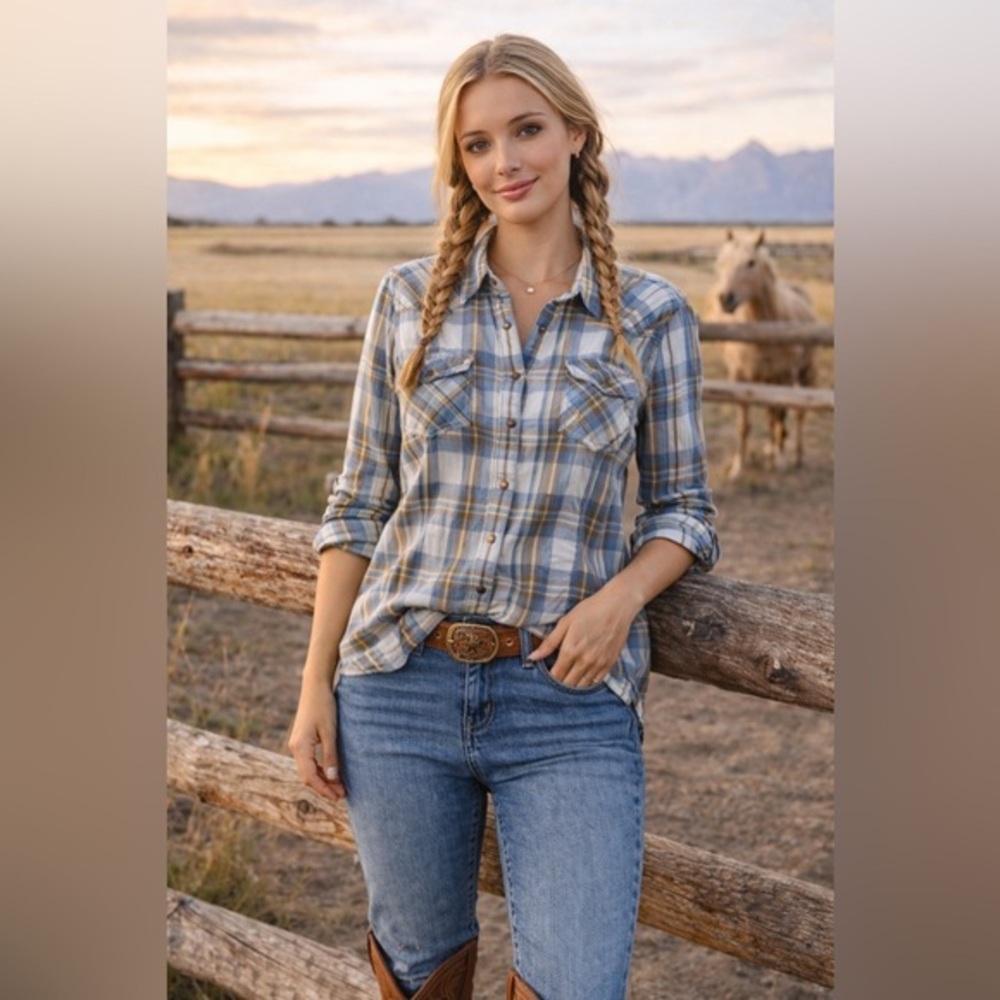 VTG Fossil Western Plaid Shirt Women’s  Snap Button Cowgirl Cotton Top Size L